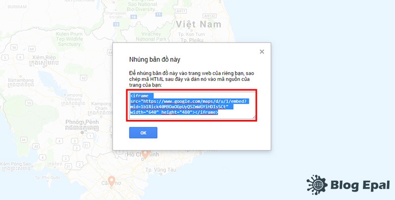 Copy mã nhúng mà google map cung cấp