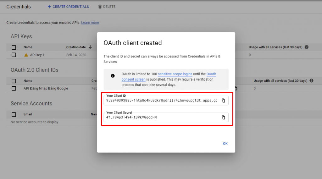 Client ID Va Client Secret của API đăng nhập bằng Google