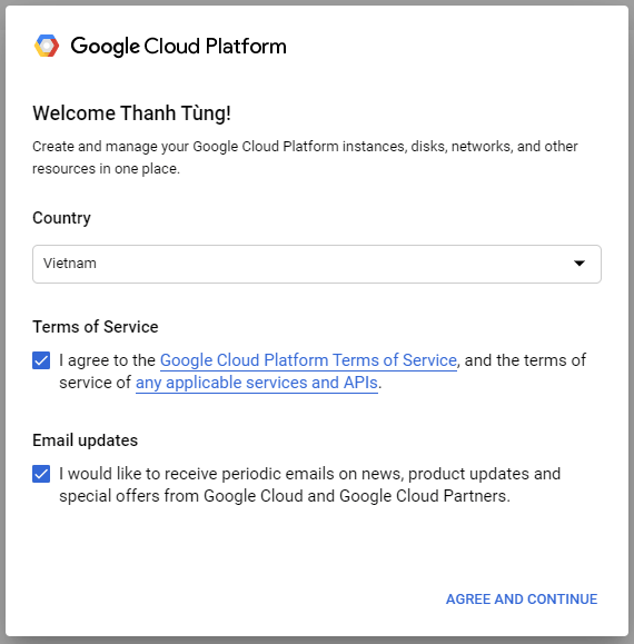 Đồng ý điều khoản và dịch vụ của Google Developer Console